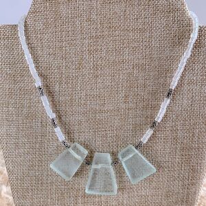 Sterling Silver 925 Aqua Sea Glass Seed Bead Necklace